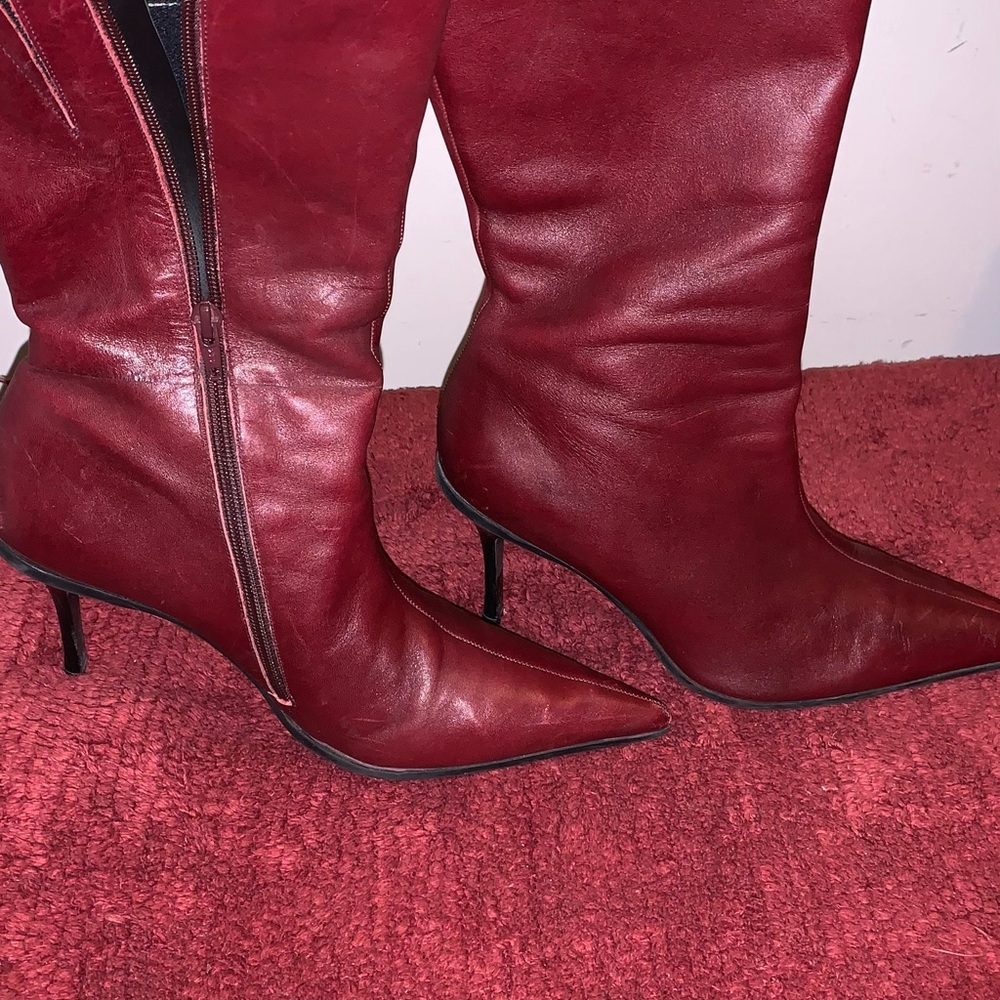 COPY - Quality stiletto bootie cow leather in rich burgundy with grooved rubber…